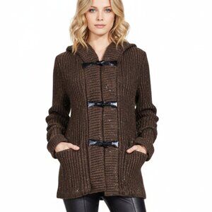 Vintage 70s Brown Speckled Wool Hooded Toggle Sweater Coat Size S